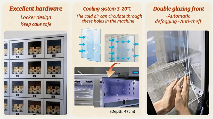 Cake vending machine with secure individual locker storage, precision cooling system (3–20°C) for freshness, 47 cm deep compartments for standard cake sizes, and double-glazing tempered glass front with automatic defogging and anti-theft protection.