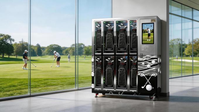 A fast and intuitive rental experience with the golf club rental locker vending machine. Golfers simply select their preferred club set on the HD touchscreen, check clear pricing, complete a secure payment, and instantly retrieve their golf clubs from the unlocked locker—ready to step onto the course or driving range in seconds