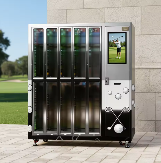 A premium golf club rental locker vending machine installed near the entrance of a golf course driving range. The machine features tall, vertical lockers designed specifically to store full-length golf clubs safely and efficiently. Each compartment is secured with industrial-grade electronic locks, highlighting strong protection for high-value equipment in a 24/7 unmanned environment. The machine exterior is fully customized with the golf club’s branding and logo, blending seamlessly with the clubhouse aesthetic. A large HD touchscreen displays rental options while also promoting golf lessons, upcoming tournaments, and partner advertisements, demonstrating how the smart locker system supports both secure golf club storage and additional digital advertising revenue